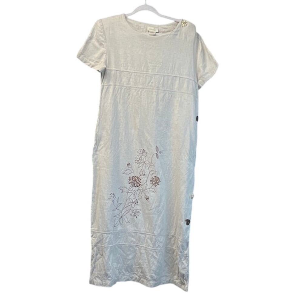 Mosaic Womens 12 Cream Linen/ Cotton Embroidery Accent Buttons Maxi Dress
